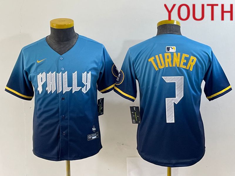 Youth Philadelphia Phillies #7 Turner Blue City Edition Nike 2024 MLB Jersey style 1->youth mlb jersey->Youth Jersey